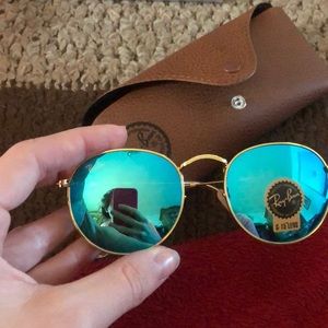 RayBan Blue Circle Mirror Lense Glasses Gold Frame